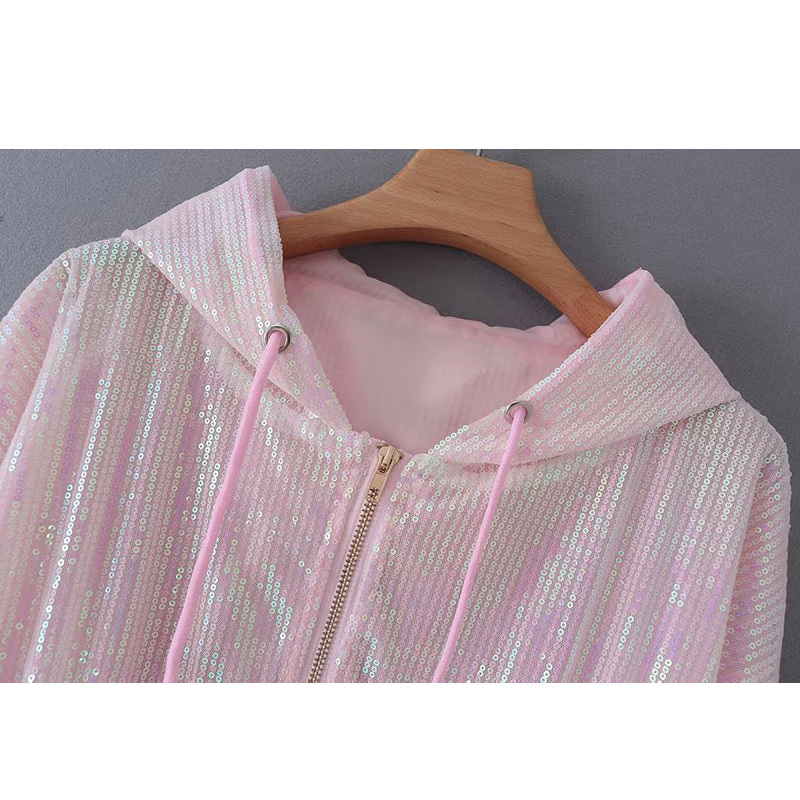 Black silver Women's jacket autumn sunscreen sports hooded jacket sequins pink zipper sweet long sleeve short coat female 210507