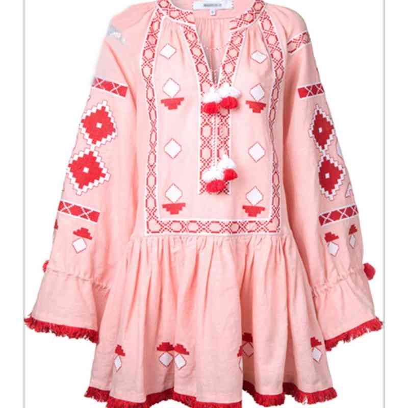 Women Vintage Ethnic Flower Embroidery Dress Cotton Linen Tunic Casual Hippie Boho People es Vestidos 210520