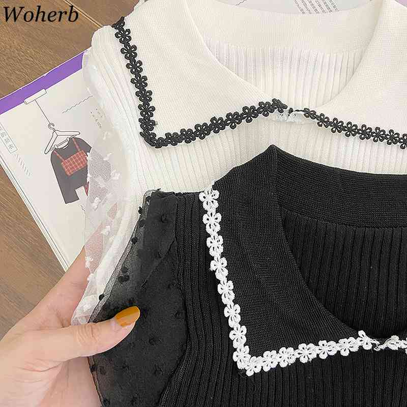 Long Puff Sleeve Ins Tops Women Knitted Stretch Solid Blouse Polka Dot Mesh Casual Shirts Blusas Femininas Elegante 210519