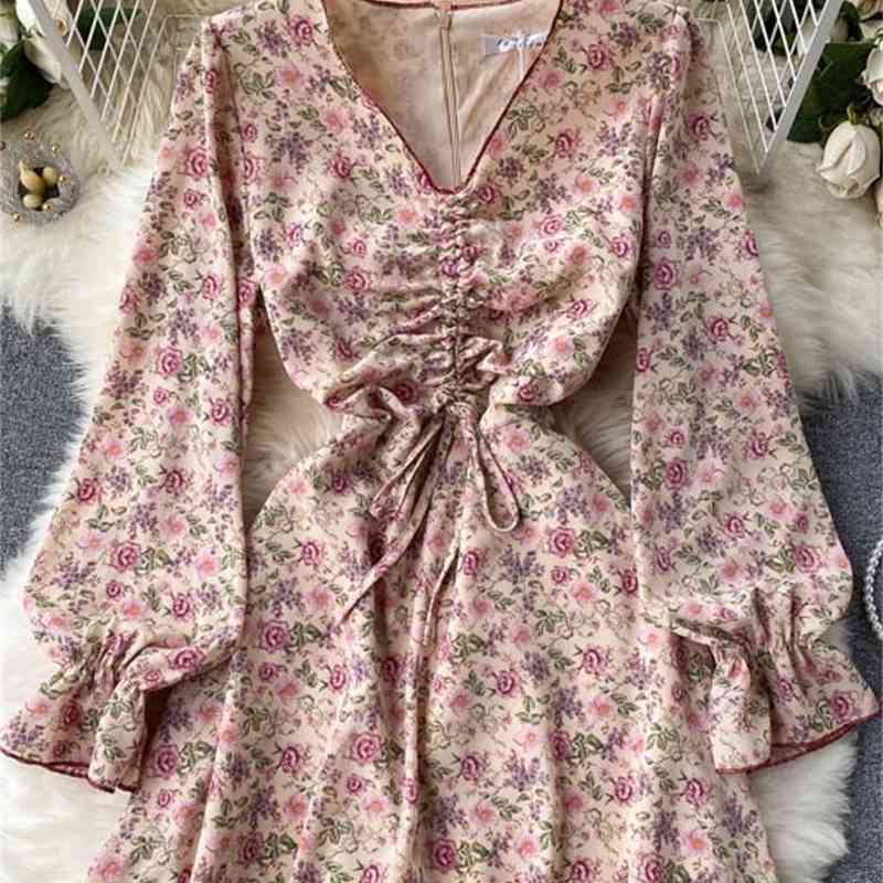 Floral Dress Woman Spring Robe Drawstring Pleated Slim Vestidos Mujer V-neck Sweet Vintage Dresses Women Clothing 210422