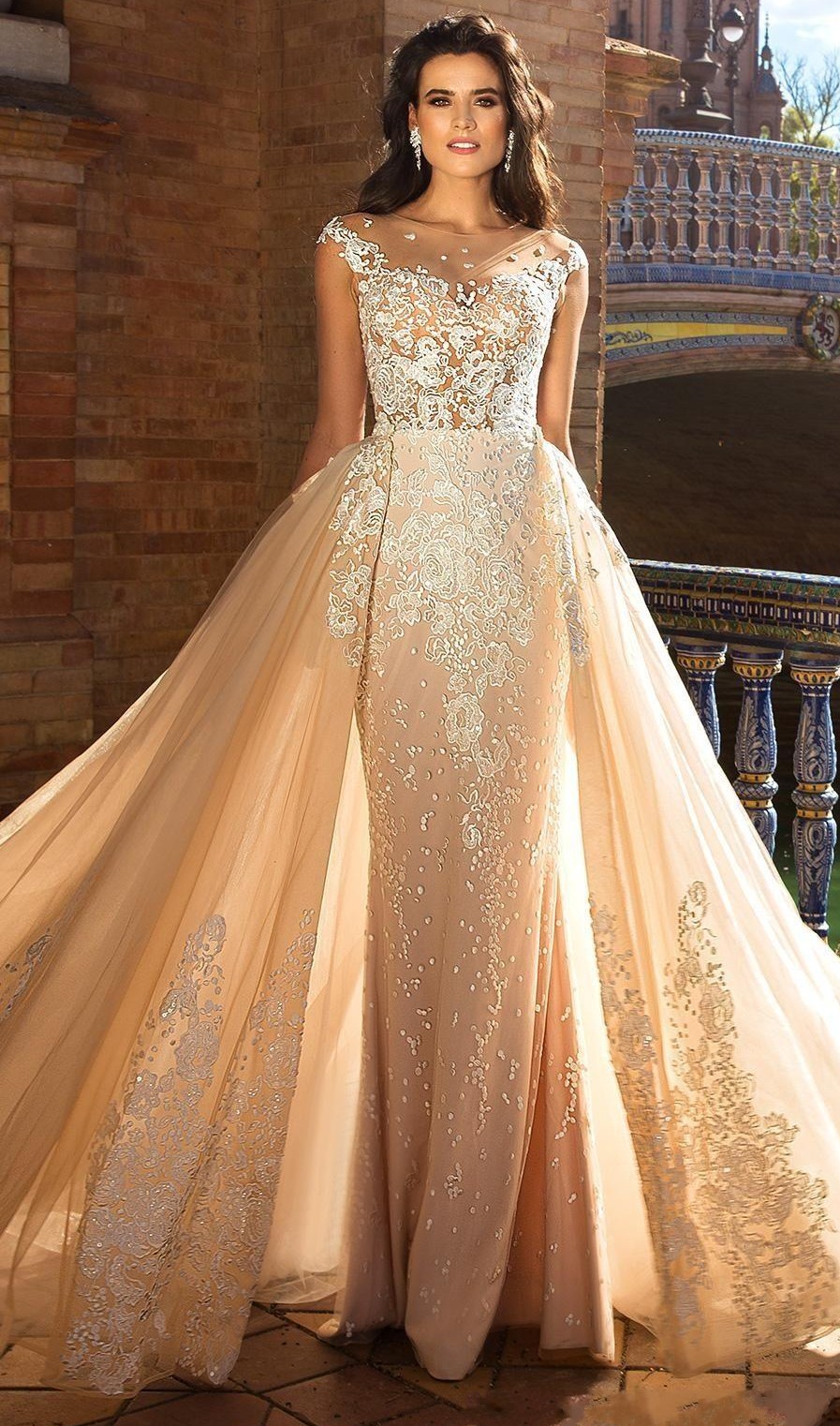 Elegant Champagne Wedding Dresses 2022 Robe De Mariee Bridal Gowns Capped Sleeve Jewel Neck Lace Boho Detachable Skirt Mariage