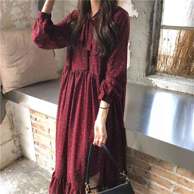 Women Chiffon Dress Spring Summer New Fashion Female Long Sleeve Vintage Printed Dot Lace Up Loose Casual A-line Dresses 210409