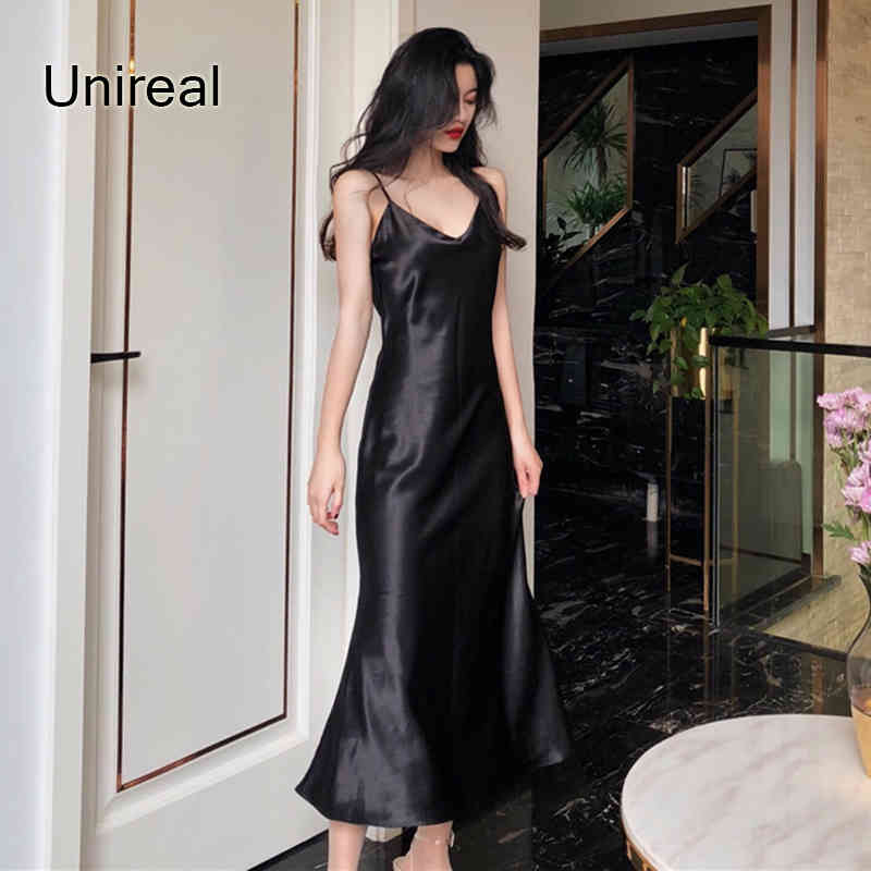 Unireal Summer Women Satin Slip Dress Spaghetti Strap Gold Black Silk Sexy Long Mermaid Party Dress 210409