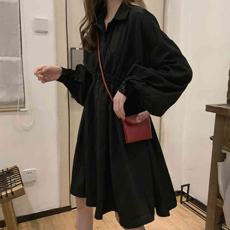 White Woman Dress Lantern Sleeve Solid Plus Size Dresses Vintage Single Breasted Women Shirts Vestidos 14510 210508