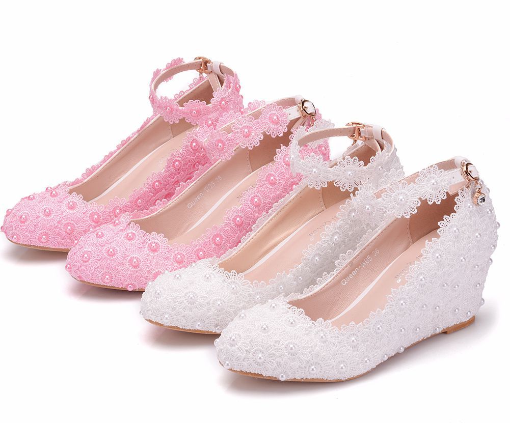 White lace pearl women's shoes shallow mouth round head slope heel Bridesmaid high heels