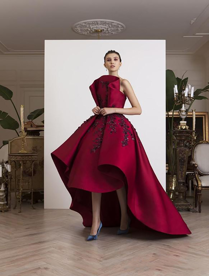 Strapless Red Satin Prom Dress - A-E Beaded Applique Evening Gown With High Low Hem And Sweep Train 6660305