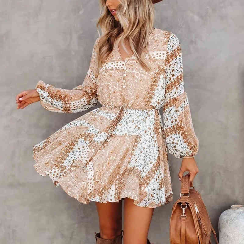 Foridol Floral Print Boho Spring Dress Women Long Sleeve Short Chiffon Khaki Button Dress Ladies Vintage Dress 210415