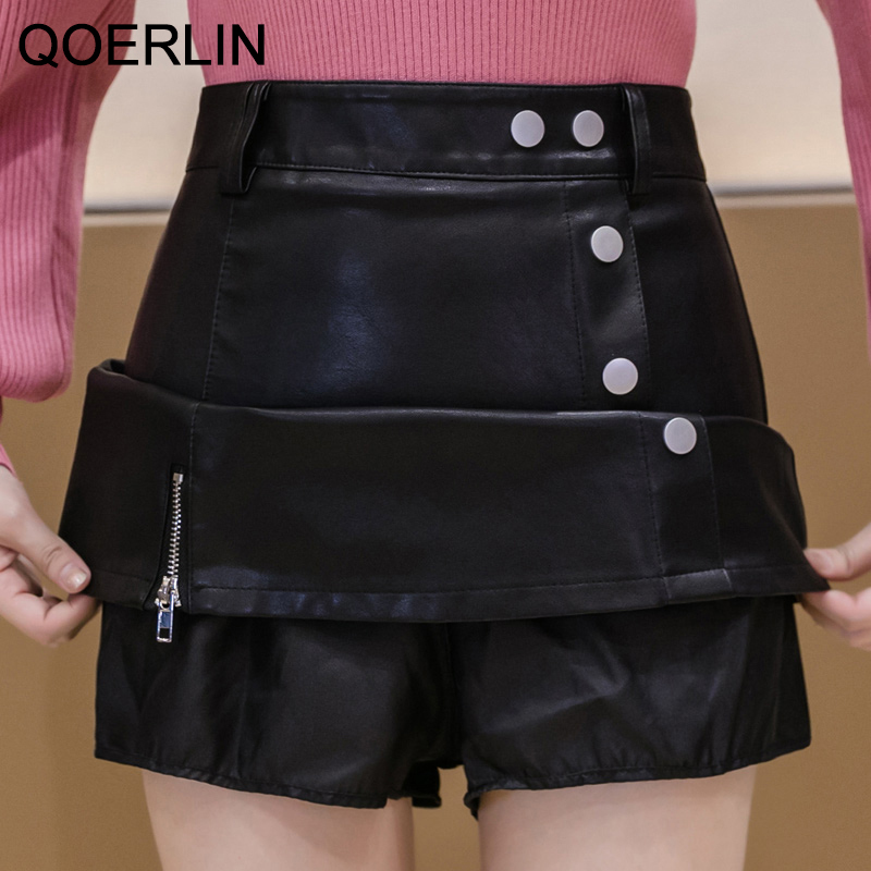 QOERLIN Vintage Girly PU Leather ALine Skirt with Safe Shorts High Waist Back Zipper Washed Short Mini Skirt Women Summer Saias 210412