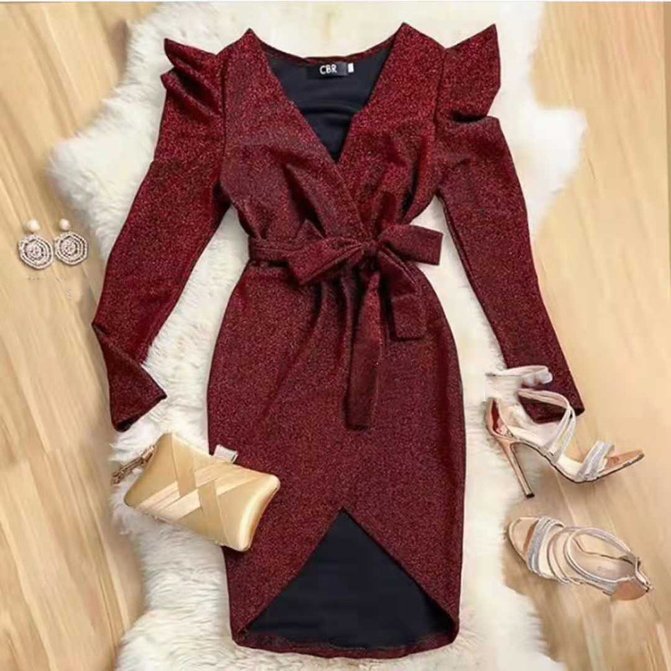 Free Women Sexy Shiny Dress V-neck Long Sleeve Bodycon Lace-Up Dresses Celebrity Club Party Irregular Vestidos 210524
