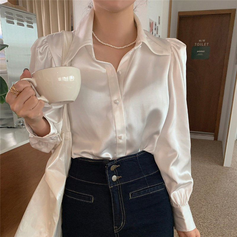 Beige Satin Puff Sleeves Chic Solid Office Lady Women Blouses OL Elegant Shirt Loose Tops Female 210421