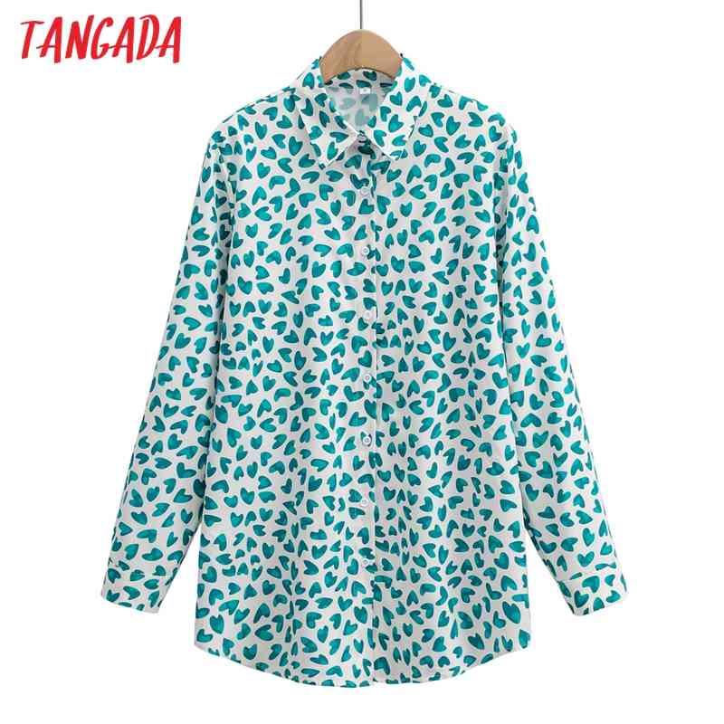 Women Blue Heart Print Blouse Long Sleeve Chic Female Office Lady Shirt Blusas Femininas 1F105 210416