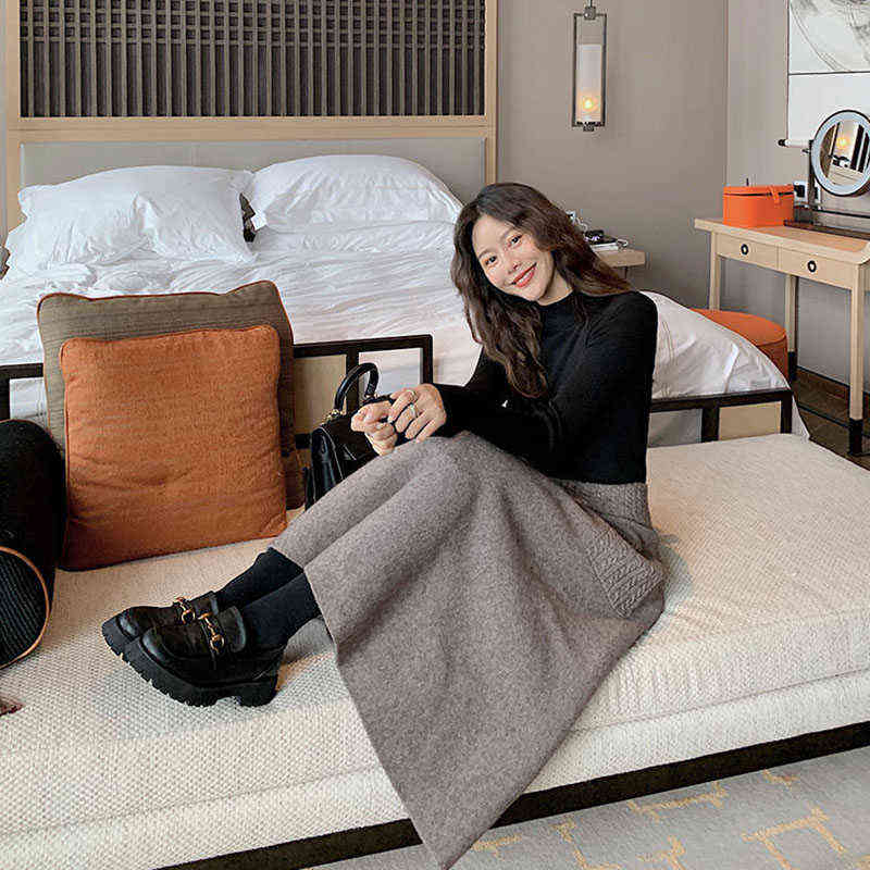 Lucyever Autumn Winter Women Wool Knit Midi Skirt Korean High Waist Mid-Length Skirts Female Fashion Pockets Office A-line Skirt 211119