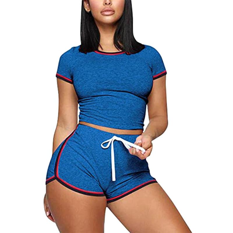 Casual Women Summer 2PCS Striped Yoga Set Girls Short Sleeve Top+Elastic Waist Fitness Shorts Exercise Running Gym Sports Sets Women's Track