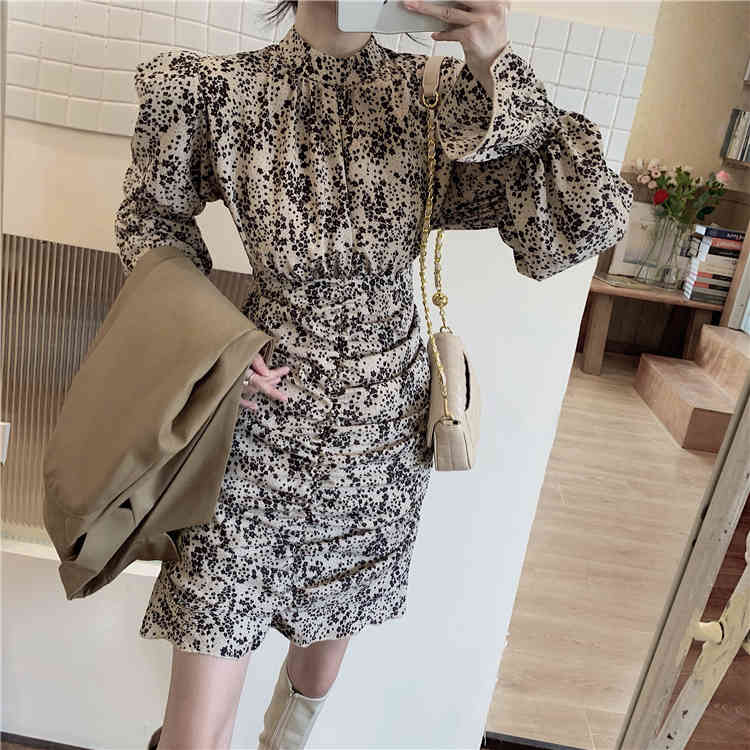 French Retro Pleated Stand Collar Women Chiffon Dress Long Sleeve Floarl Printed Woman Mini Mujer Vestdos Fashion 210514