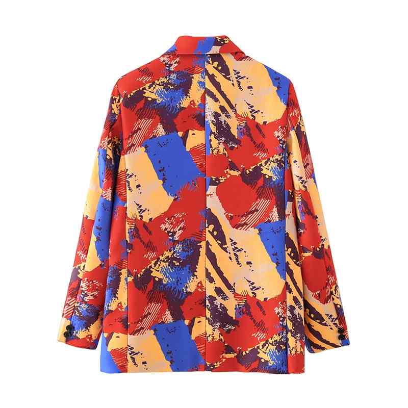 fashion women scrawl print blazer office ladies pocket jackets casual female double breasted suits girls chic sets 210430