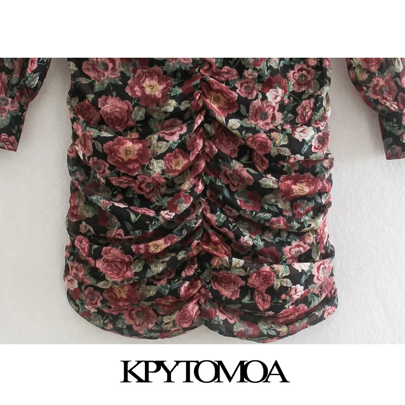 Women Chic Fashion Floral Print Pleated Mini Dress Long Sleeve Back Zipper Female Dresses Vestidos Mujer 210420