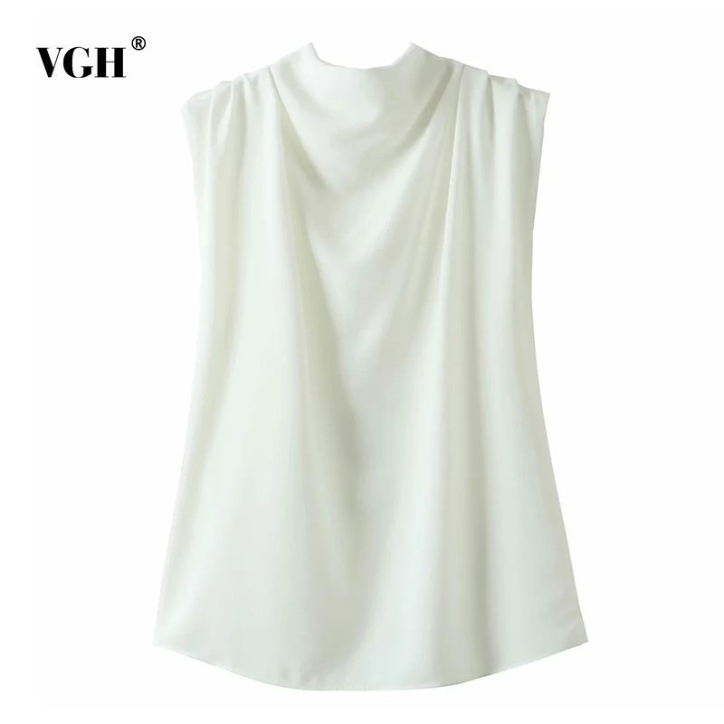 VGH White Elegant Shirts For Women Stand Collar Sleeveless Patchwork Zipper Minimalist Loose Casual Blouses Female Tide New 210421