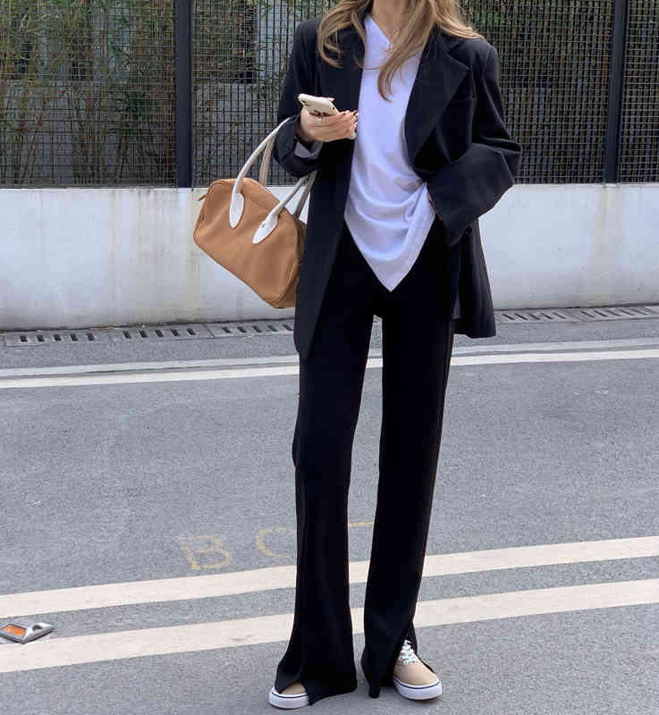 Skinny High Waist Black Split Flare Pants Women Casual Fashion Straight Bottoms Pant Streetwear Pantalones De Mujer Vintage 210429