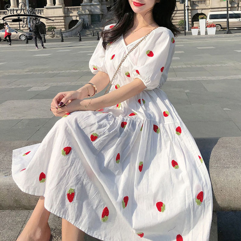 Korean Lantern Short-Sleeve Summer Dress Cotton Vintage Plus Size Print for Women V Neck Midi Vestidos 9372 210427