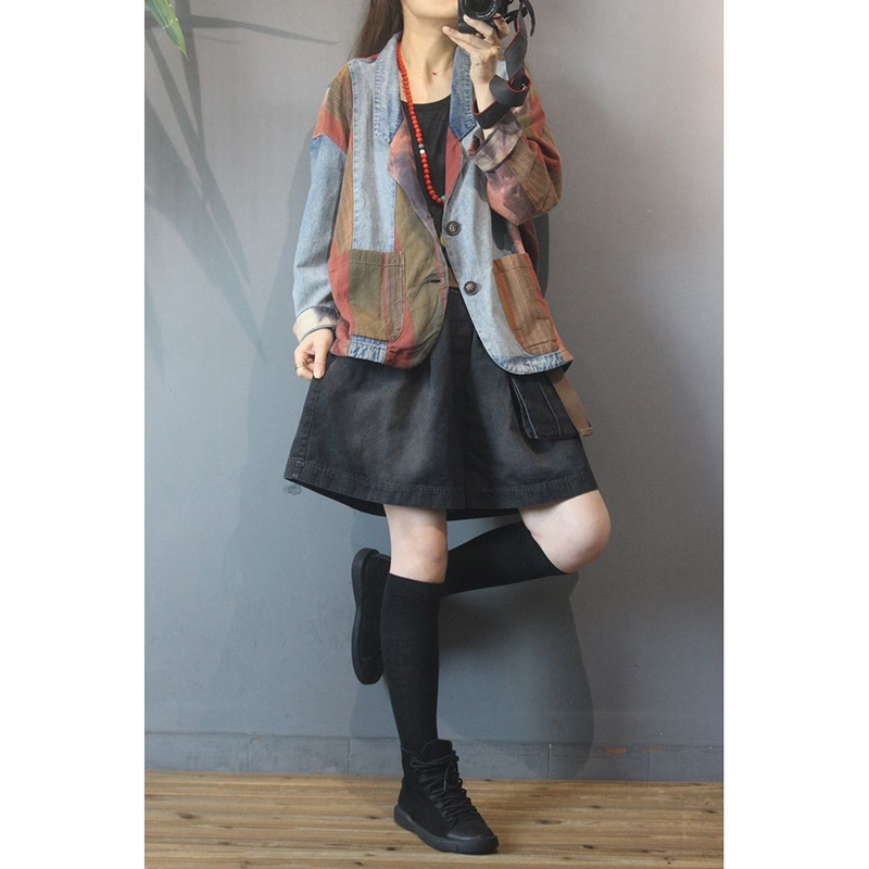 Spring Autumn Arts Style Women Long Sleeve Loose Vintage Blazers Double Pocket Cotton Denim Patchwork Blazer Femme Coat M179 210512