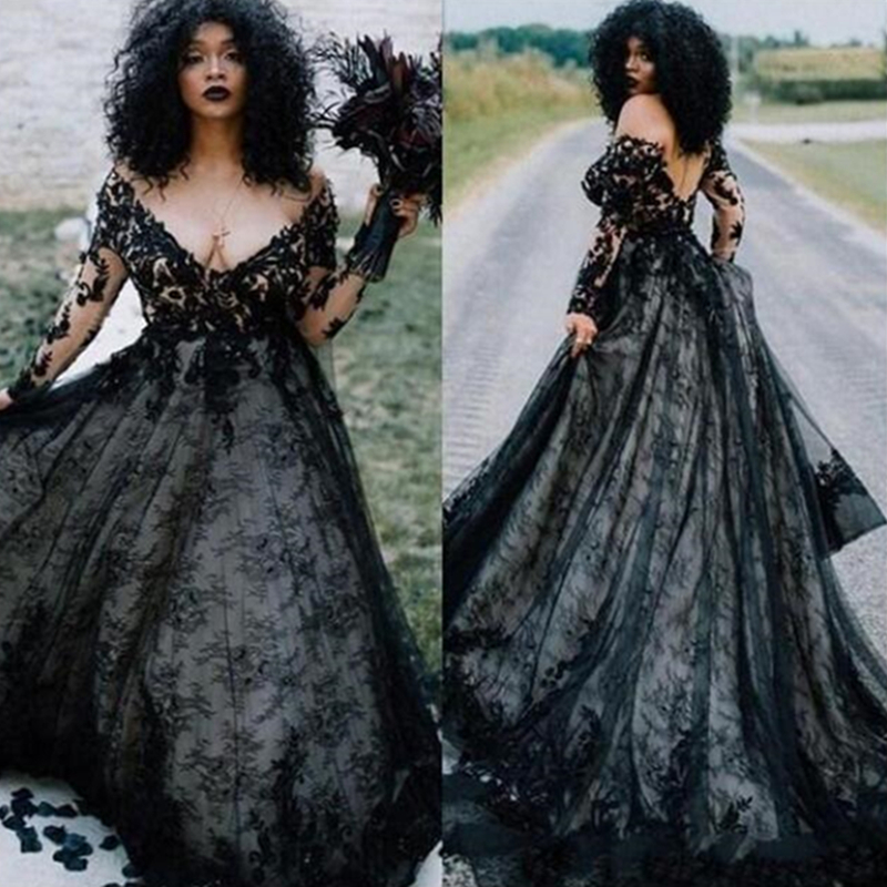 Plus size Gothic Country Black Wedding Dress Light Champagne Lining Sexy V Neck Long Sleeve Sweep Train Bridal Dresses Applique A Line Lace Wedding Go