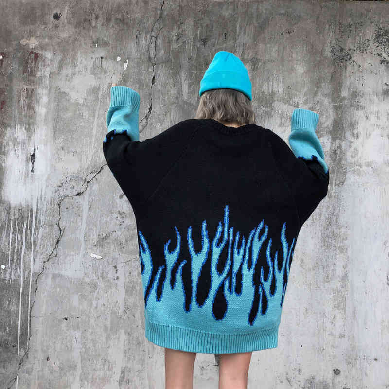 Autumn Winter Harajuku Flame Knitting Sweater Casual Women Man Unisex Pullovers Hip Hop High Streetwear Jumper 210519