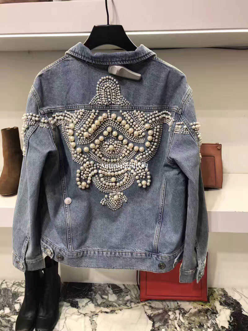 Boho Inspired Bead Embellished Denim Jacket women cotton winte coat bomber jacket vintage pearl outwear 211014