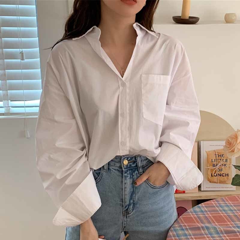 Korean Loose Office Lady White Shirt Pocket Button Up Lapel Tops Long Sleeve Casual Plus Size Clothing for Women Blusas 12729 210508