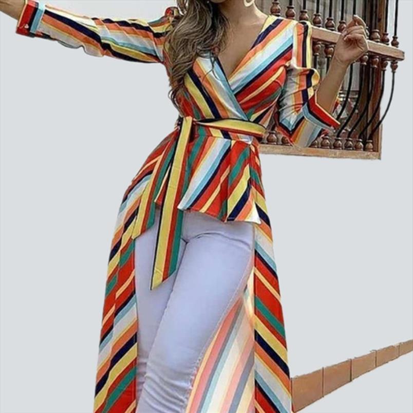 rainbow striped fashion short women blouses front long back belt sleeve woman street slim v neck shirts, White
rainbow striped fashion short women blouses front long back belt sleeve woman street slim v neck shirts, White