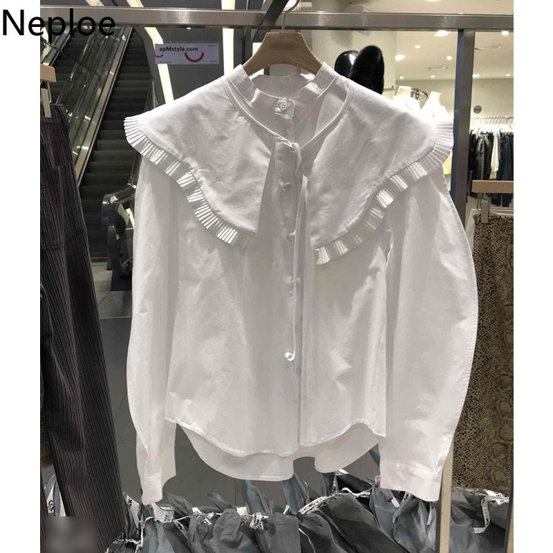 Neploe Chic Women's Blouse Peter Pan Collar Lace Button Shirt Korean Loose Puff Sleeve Ruffles Blusas Solid Single Breasted Tops 210422