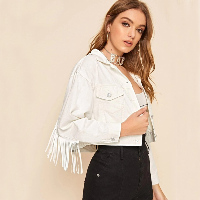 Jackets Women Coat White Trench Woman Jeans Denim Tassel Short Female Casual Long Sleeve Button Pockets Coats 307C 210420