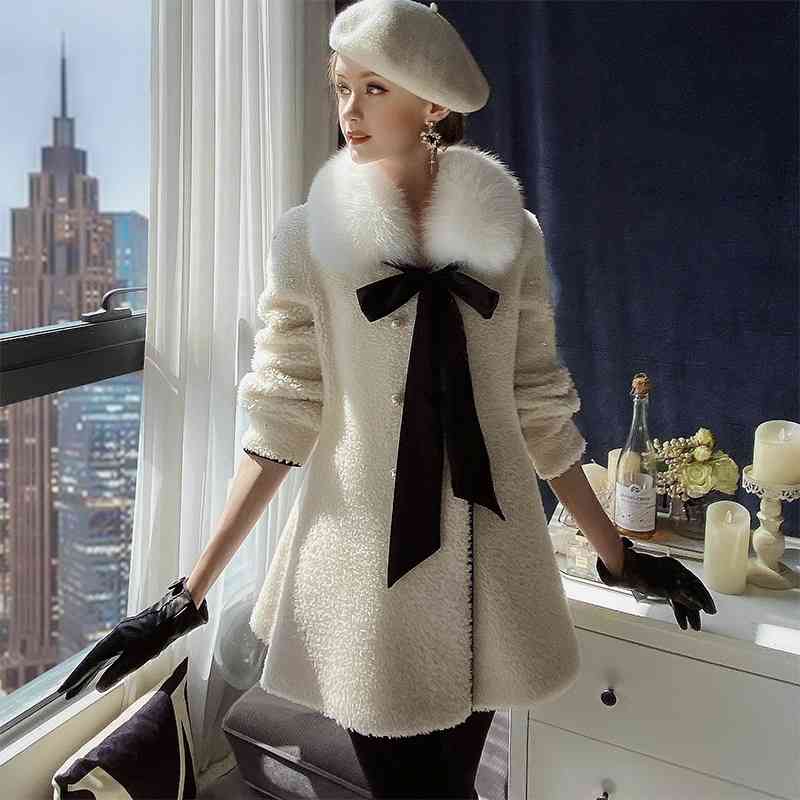 Dabuwawa Elegant Solid Double Breasted Women Wool Fur Coat Collar Soft Winter Warm Bow Skirt Long Jacket Ladies DT1DFR019 210520