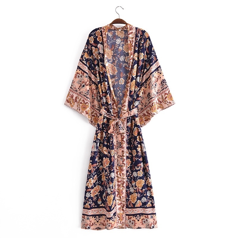 BOHO Locate Floral Print Long Kimono Shirt Hippie Women Lacing up Tie Bow Sashes Cardigan Loose Blouse Tops Holiday 210429