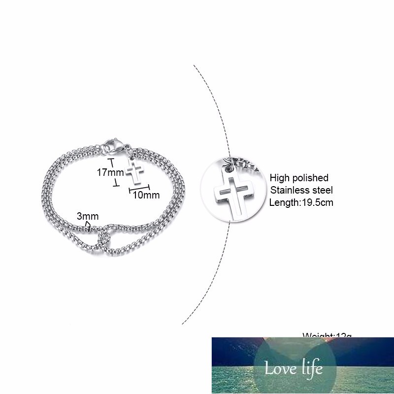 Double Strand Rolo Chain with Cross Charms Bracelet for Men Stainless Steel Lobster Claw Clasp Closure