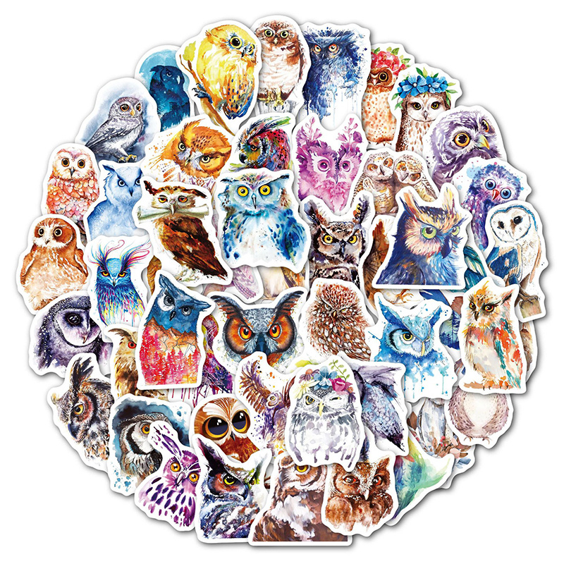 50pcs/Set Watercolour Owl Stickers Cartoon Cute Animal DIY Graffiti Decals For Motorcycle Car Luggage iPad Phone Scooter Skateboard Notebook Toys Gift