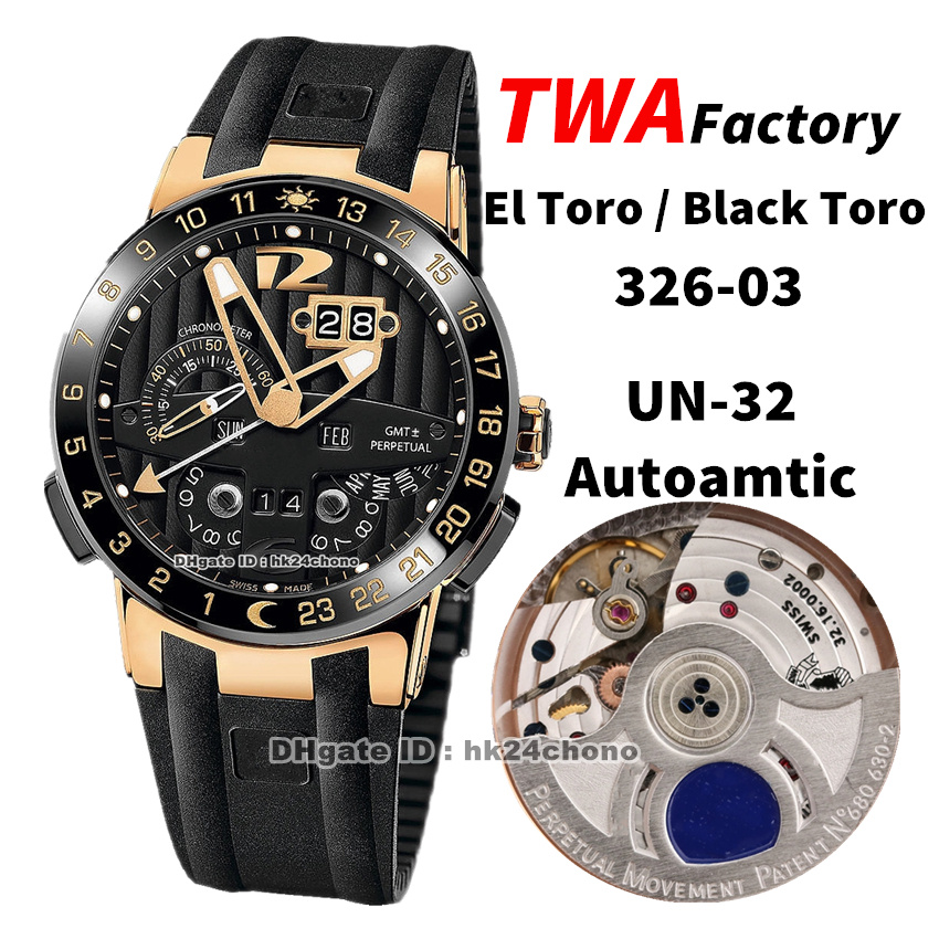 TWA Factory Watches 326-03 El Toro / Black Toro GMT± Perpetual Calendar Rose Gold UN-32 Autoamtic Mens Watch Ceramic Bezel Black Dial Rubber Strap Gents Wristwatches
TWA Factory Watches 326-03 El Toro / Black Toro GMT± Perpetual Calendar Rose Gold UN-32 Autoamtic Mens Watch Ceramic Bezel Black Dial Rubber Strap Gents Wristwatches
