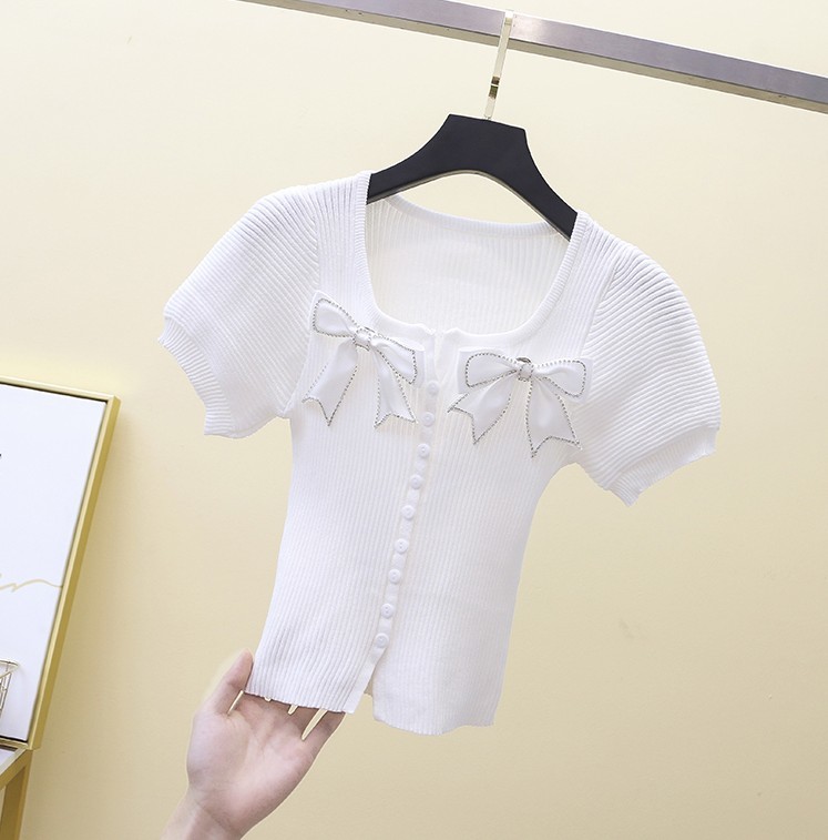 Women's Sweet Cute Bowknot Short Sleeve Slim Cardigan Sweater Korean Style Knitted Thin Fashion Chic Top Female 210519