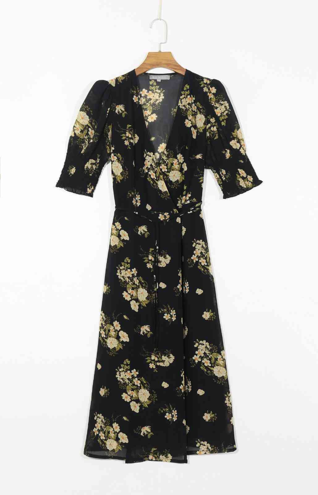 French V neck Front Slit Flower Wrap Dress Holiday Woman Tie Bow Lace up Waist Short Sleeve Below Knee Tea Dresses Vestido 210429