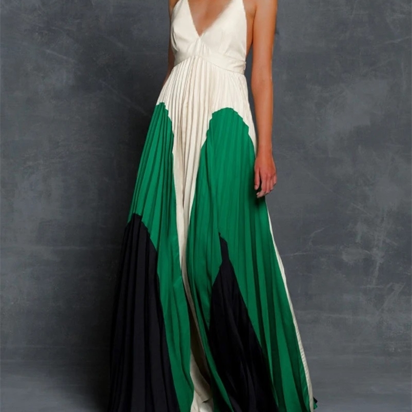 Women Dress V-neck Sleeveless Pleated Sling Dresses Color Matching Plus Size Vintage Sexy Long Fashion 210513