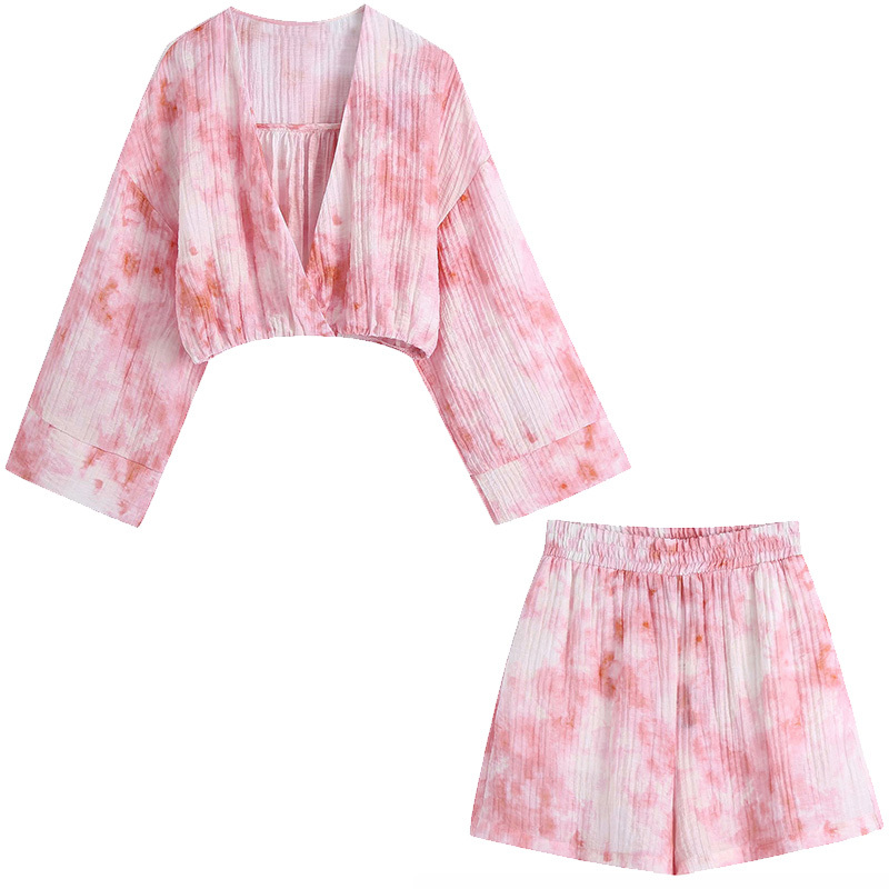 Summer Women 2 Pieces Set Tie Dye Long Sleeve Cropped Shirt And Shorts Suit Chic Lady Fashion Casual 210517