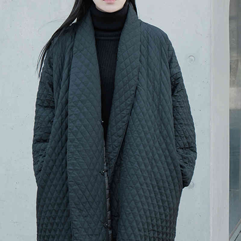 VGH Loose Argyle Parkas For Women V Neck Long Sleeve Solid Minimalist Basic Casual Midi Coat Female Winter Fashion New Tide 210421