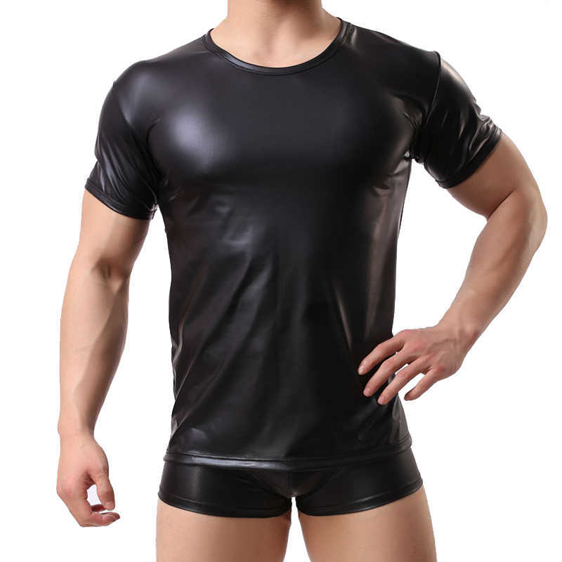 DIMUSI PU Leather T Shirts Men Sexy Fitness Tops Gay T-shirt Tees s stage O-Neck Casual Clothes PA070 210629