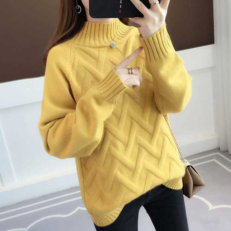 Sweater female autumn and winter loose solid color half high collar sweater casual long sleeve knit pullover 210527
Sweater female autumn and winter loose solid color half high collar sweater casual long sleeve knit pullover 210527