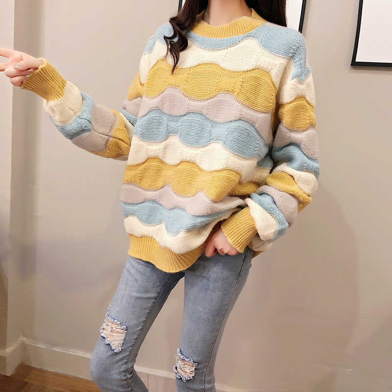 H.SA Fall Fashion Women Rainbow Sweater and Pullovers Long Sleeve Colorful Striped Loose Sweaters Fashion Outwear Tops Fall 210716