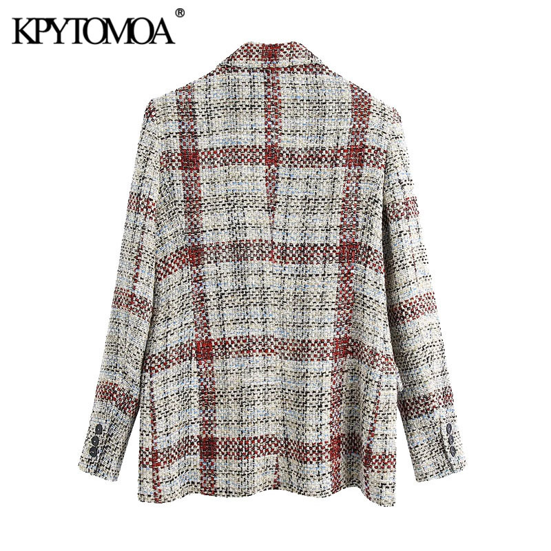 Women Fashion Double Breasted Check Tweed Blazer Coat Long Sleeve Pockets Female Outerwear Chic Tops 210420