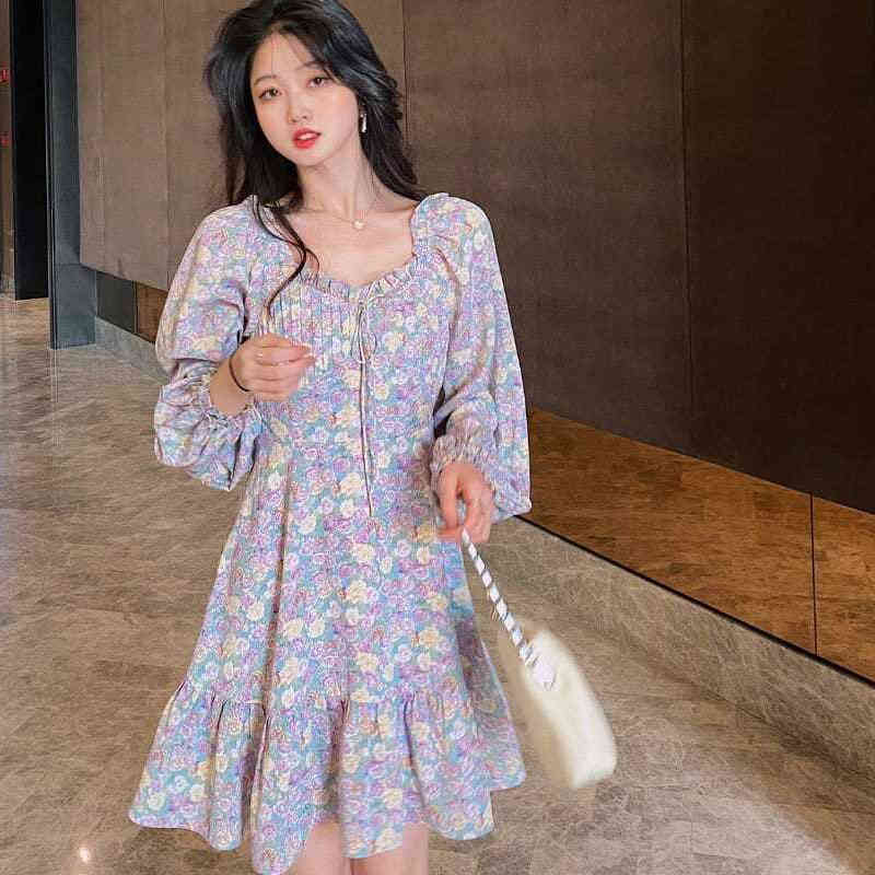 Purple Floral Midi Dress Women Summer French Vintage Dress Korean Flower Elegant Strap Dress Female Summer 210521