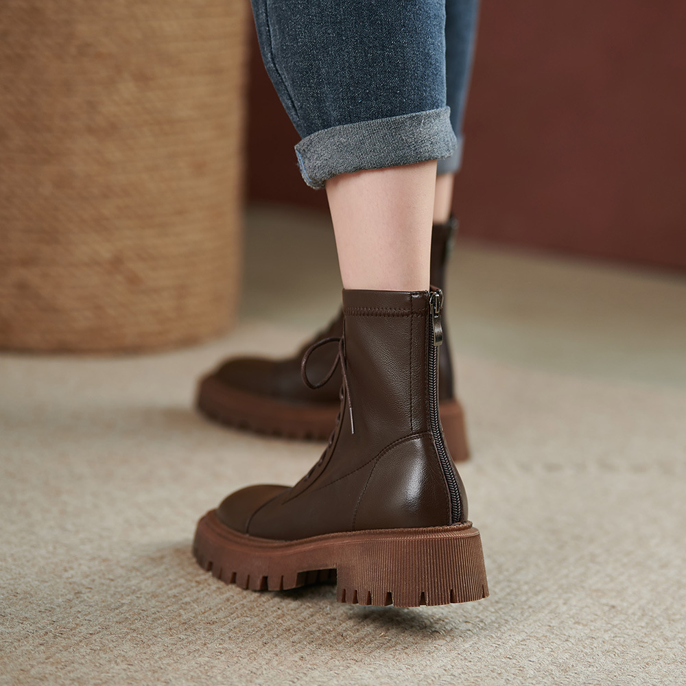 Wonen Soft Leather Short Boots British Style Thick-soled Motorcycle Martin Boots