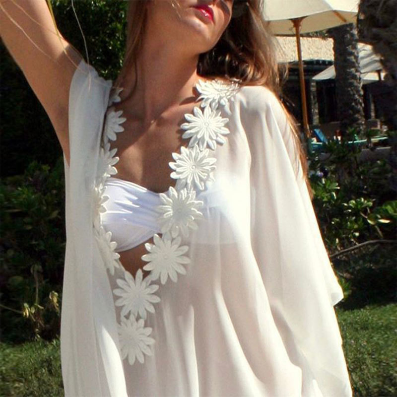 Honeymoon Dress Beach Cover up Lace Tunic Pareos Swimwear Women Bikini cover Chiffon Swimsuit #Q204 210420