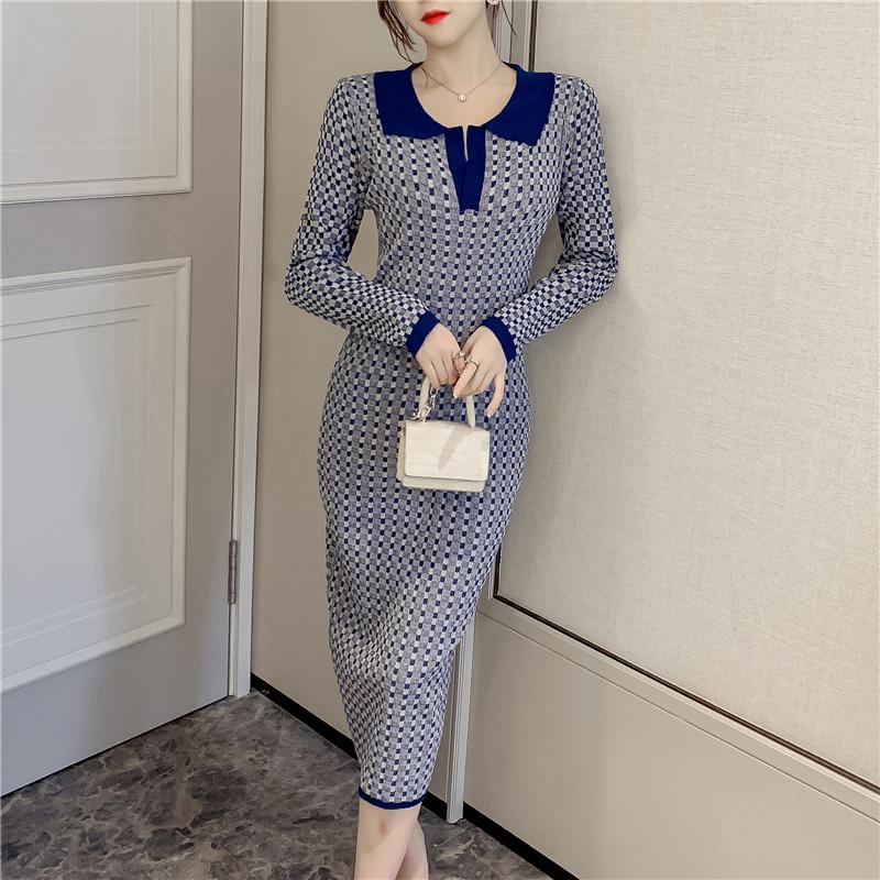Casual Dresses Stretch Autumn Fashion Wrap Hip Long Sleeve Lapel Plaid Dress Women Knitted Elegant Retro Bottom Vestido Sweaters Robe Slim, Photo 
Casual Dresses Stretch Autumn Fashion Wrap Hip Long Sleeve Lapel Plaid Dress Women Knitted Elegant Retro Bottom Vestido Sweaters Robe Slim, Photo