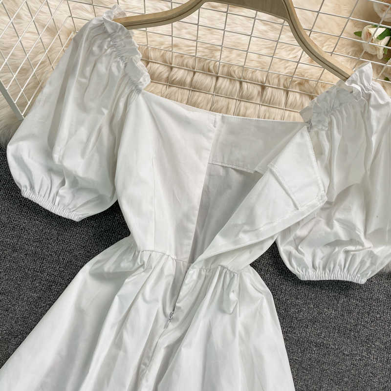 Woman Dress Korean Beads Slim High Waist A-line Dresses Sweet Puff Sleeve Square Collar Vestidos Feminimos 6H301 210603